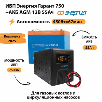 ИБП для котла Энергия Гарант 750 + Аккумулятор 55 Ач 12 В (450Вт - 67мин) - ИБП и АКБ - ИБП для котлов - Магазин сварочных аппаратов, сварочных инверторов, мотопомп, двигателей для мотоблоков ПроЭлектроТок